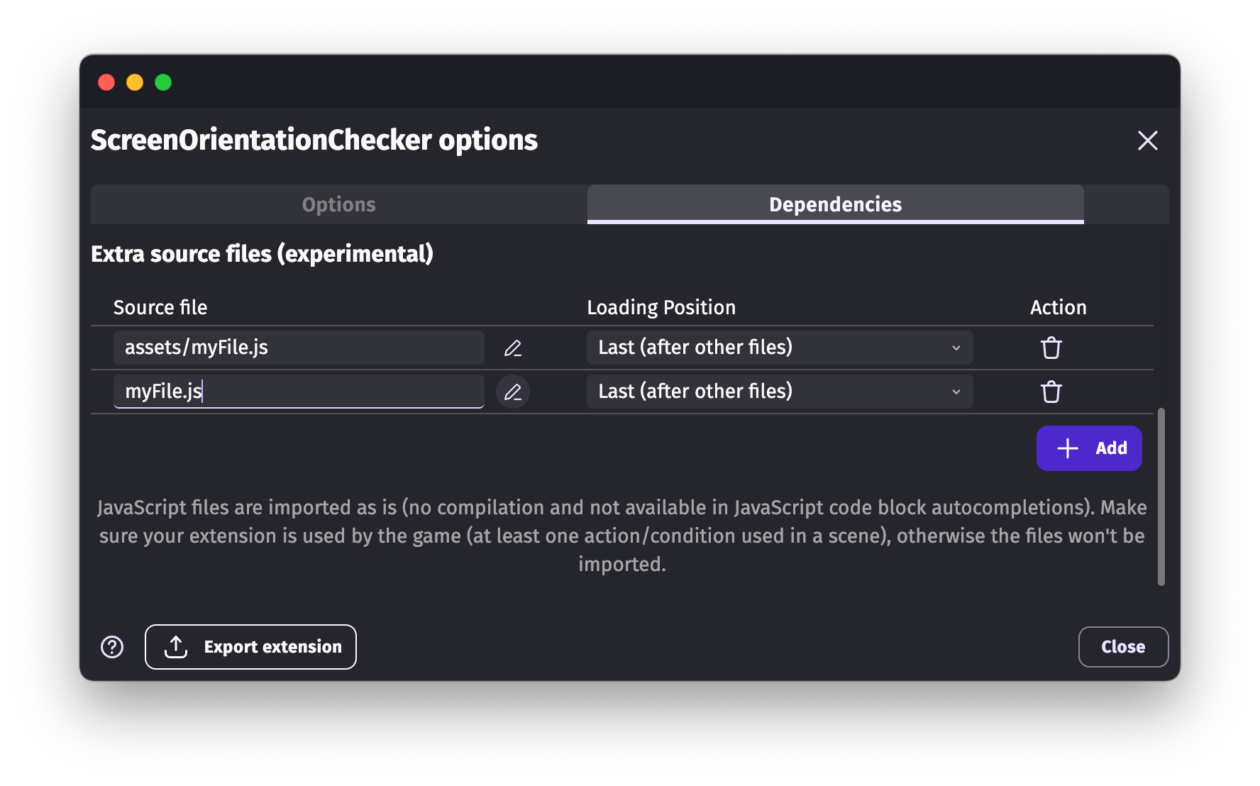 Add a JavaScript file to an extension